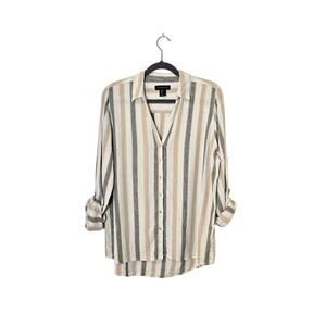 Tahari Womens Linen Blend Button Up Top Size Large Cream & Gray Preppy Coastal
